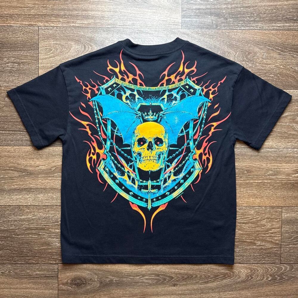 Black Ozzy Osbourne Teewith Blue Skull, Bat Wings, & Orange Flames Graphic